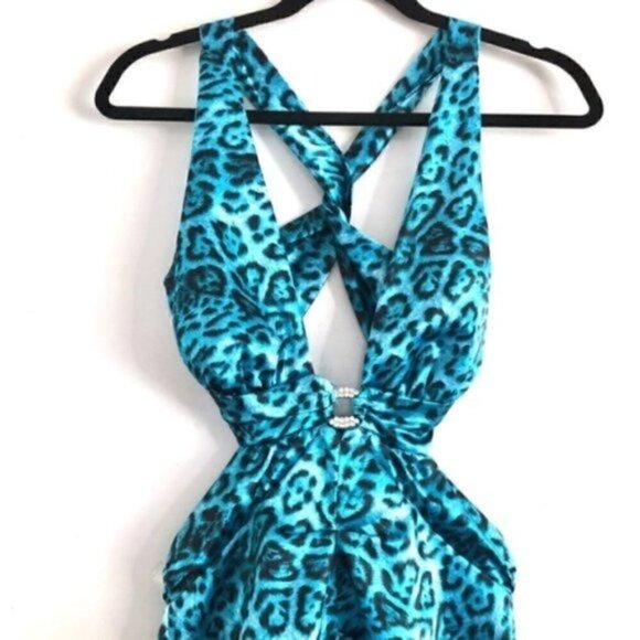 Windsor Dress S 7 (Juniors) Alison Leopard Backless Aqua Blue - Picture 4 of 13